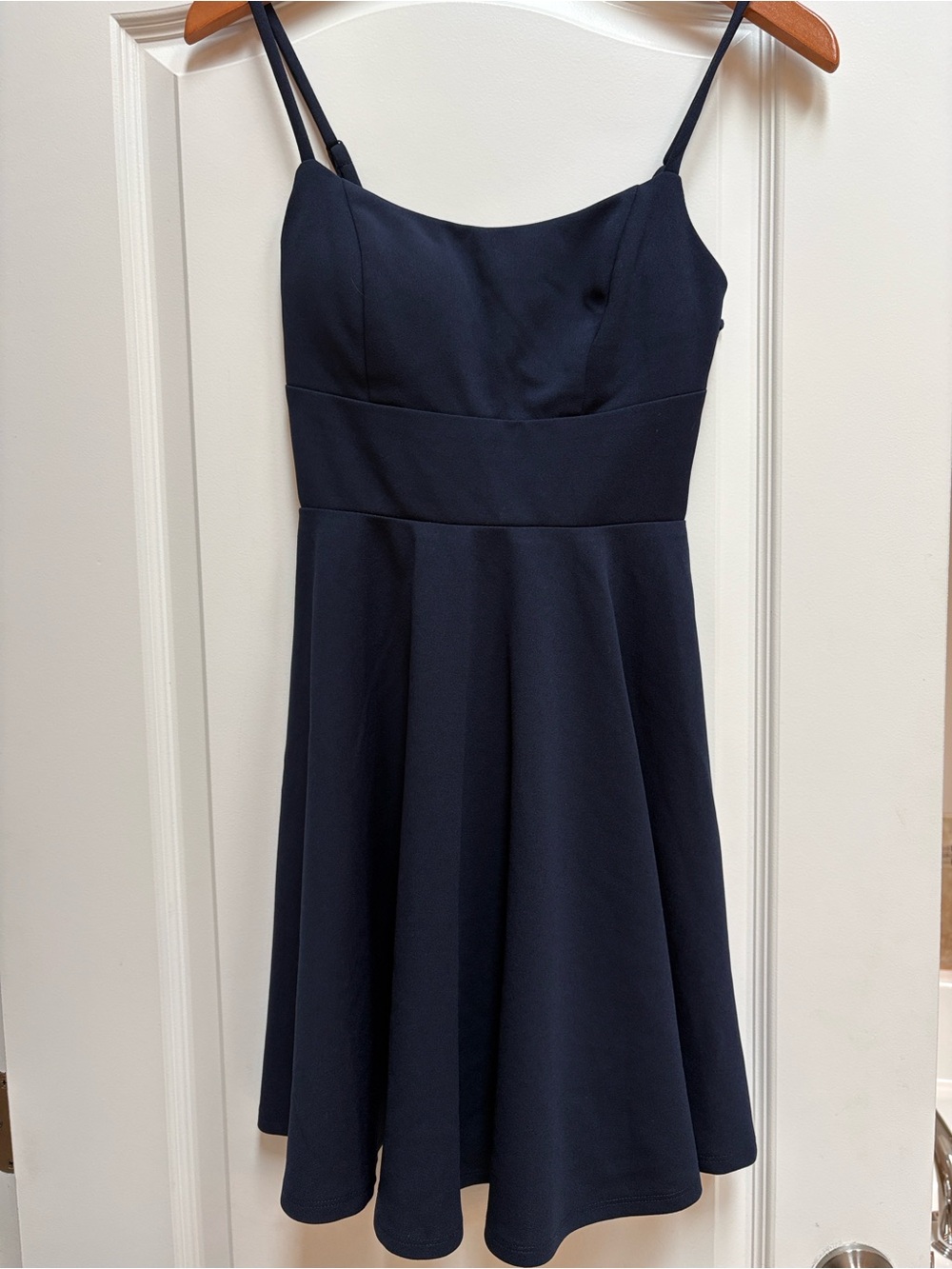 City Studio Navy Spaghetti-Strap Fit & Flare with Floral lace back, size 3